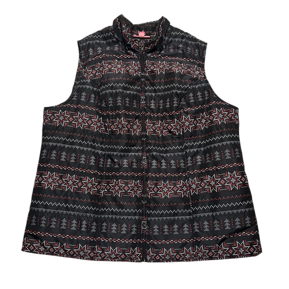 Woman Within Puffer Vest Packable Black Fair Isle Nordic Plus Sz 2X 26/28